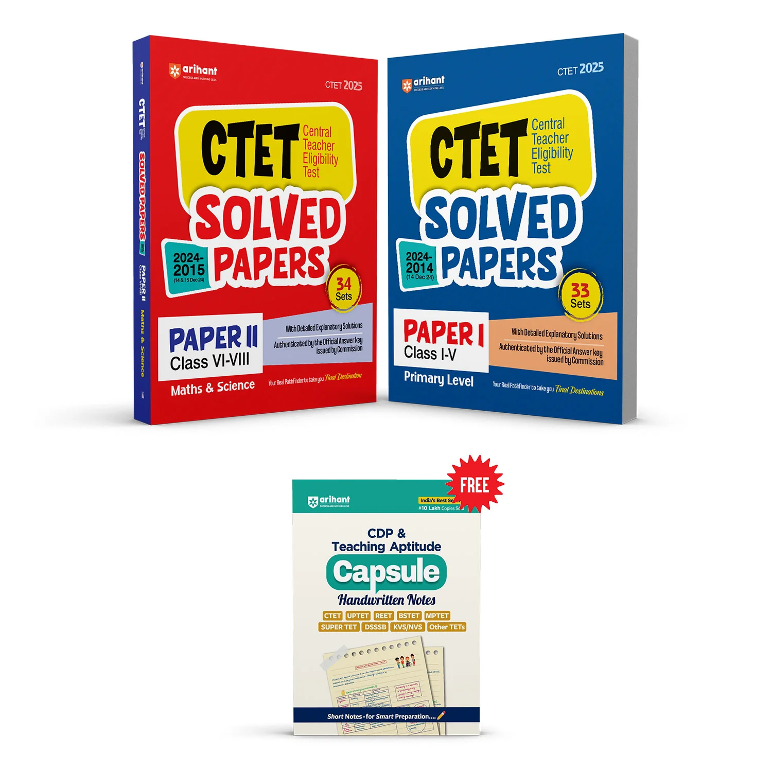 Combo of CTET Primary  & Junior Level  Class I - V  & VI - VIII (Paper 1 & 2 ) 2025 | Math & Science (Solved Paper 2024-2015) & Solved Paper 2024-2014  | With Free Child Development and Pedagogy (CDP) & Teaching Aptitude | English Medium