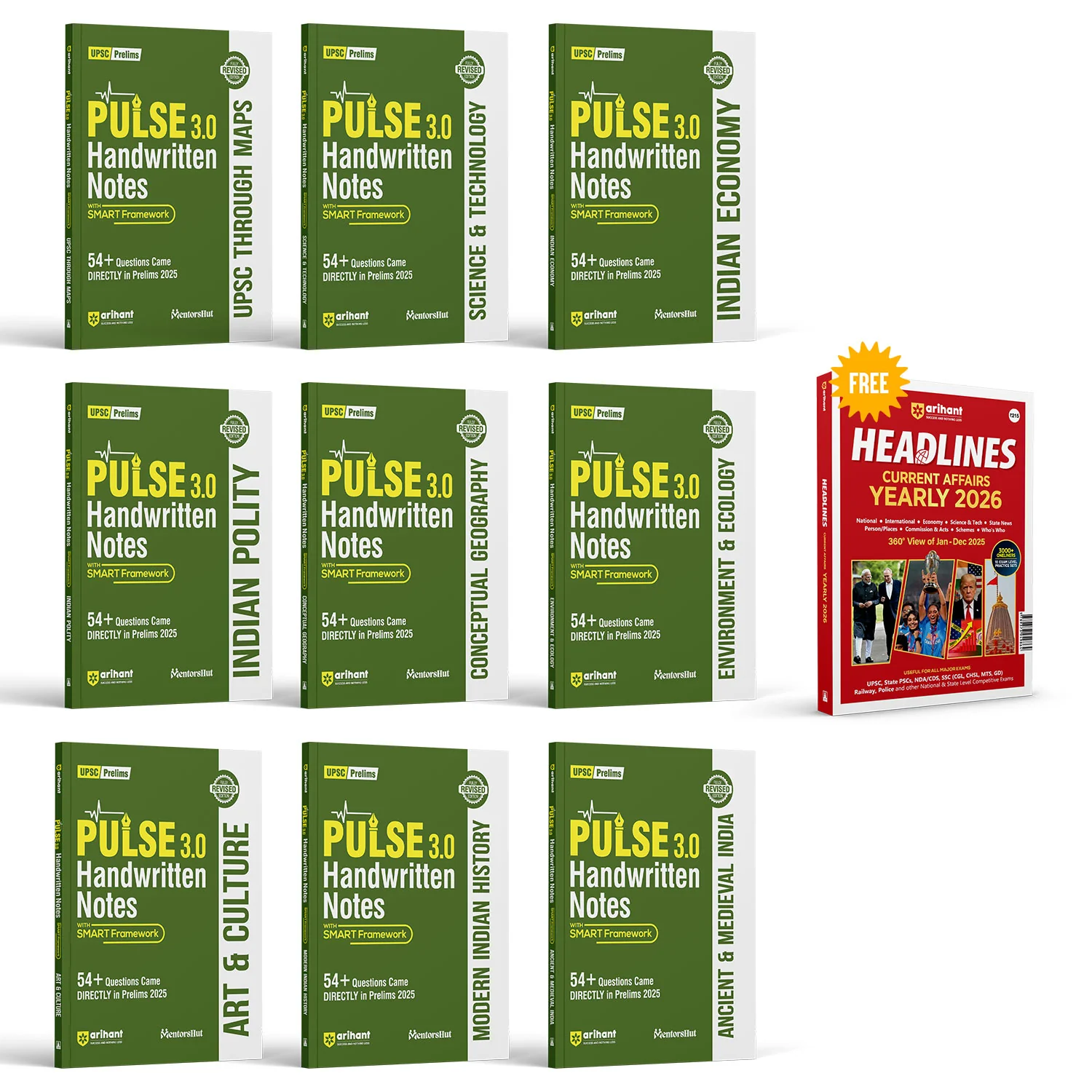 Combo of Pulse 3.0 Hand Written Notes Geography, Art & Culture, Modern Indian History, Ancient & Medieval India,  Environment & Eco., Indian Polity, Indian Eco., Sci. & Tech, UPSC Through Maps | With Free Headline Current Affairs 2026 | English Medium
